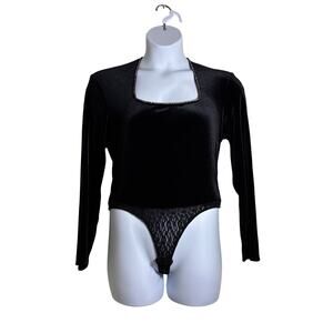 Vintage Caché‎ Bodysuit L black stretch velvet rhinestone neckline shoulder pads